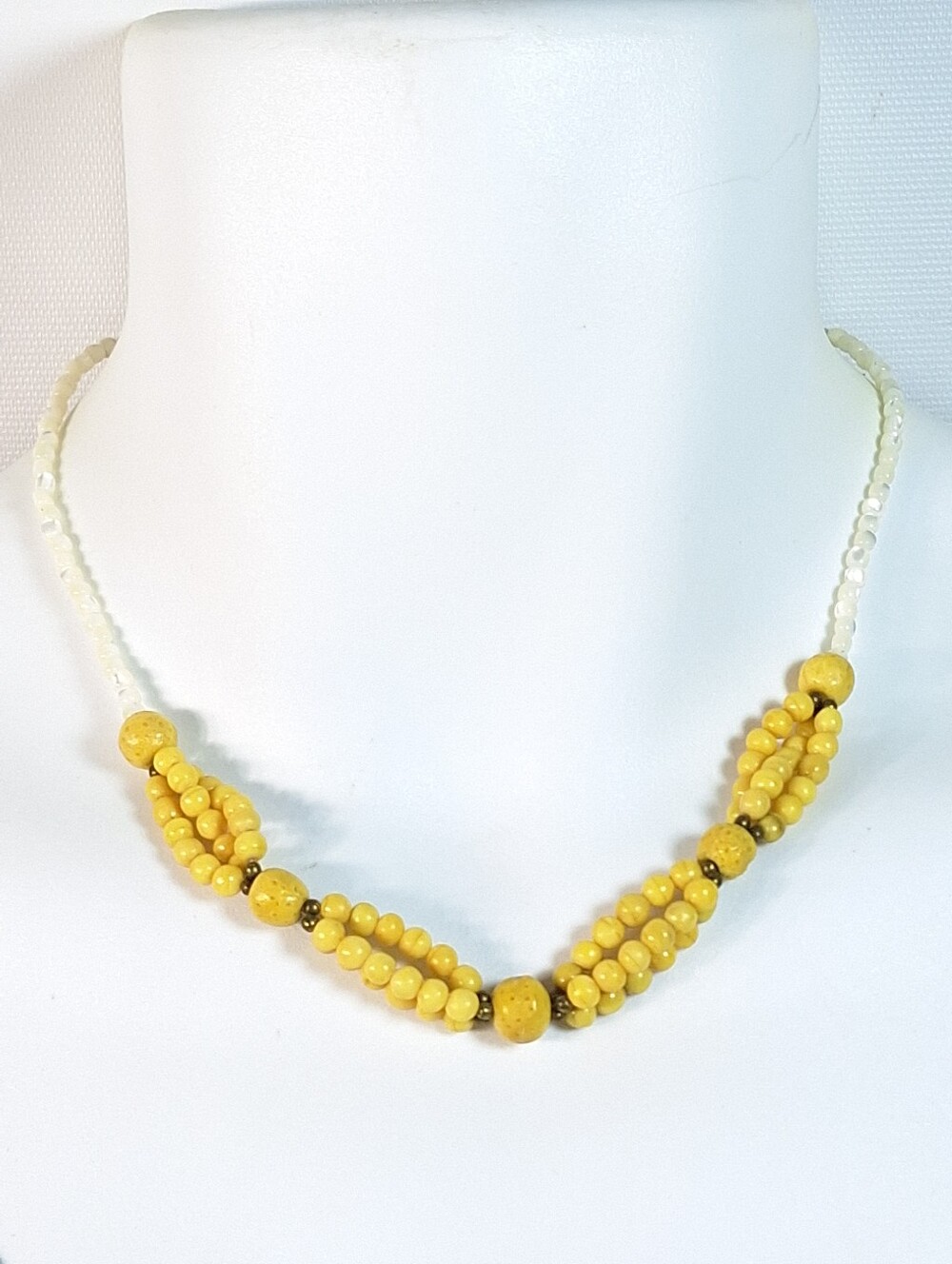 Vintage Yellow Sponge Coral Statement Necklace Mother of Pearl Shell Beaded